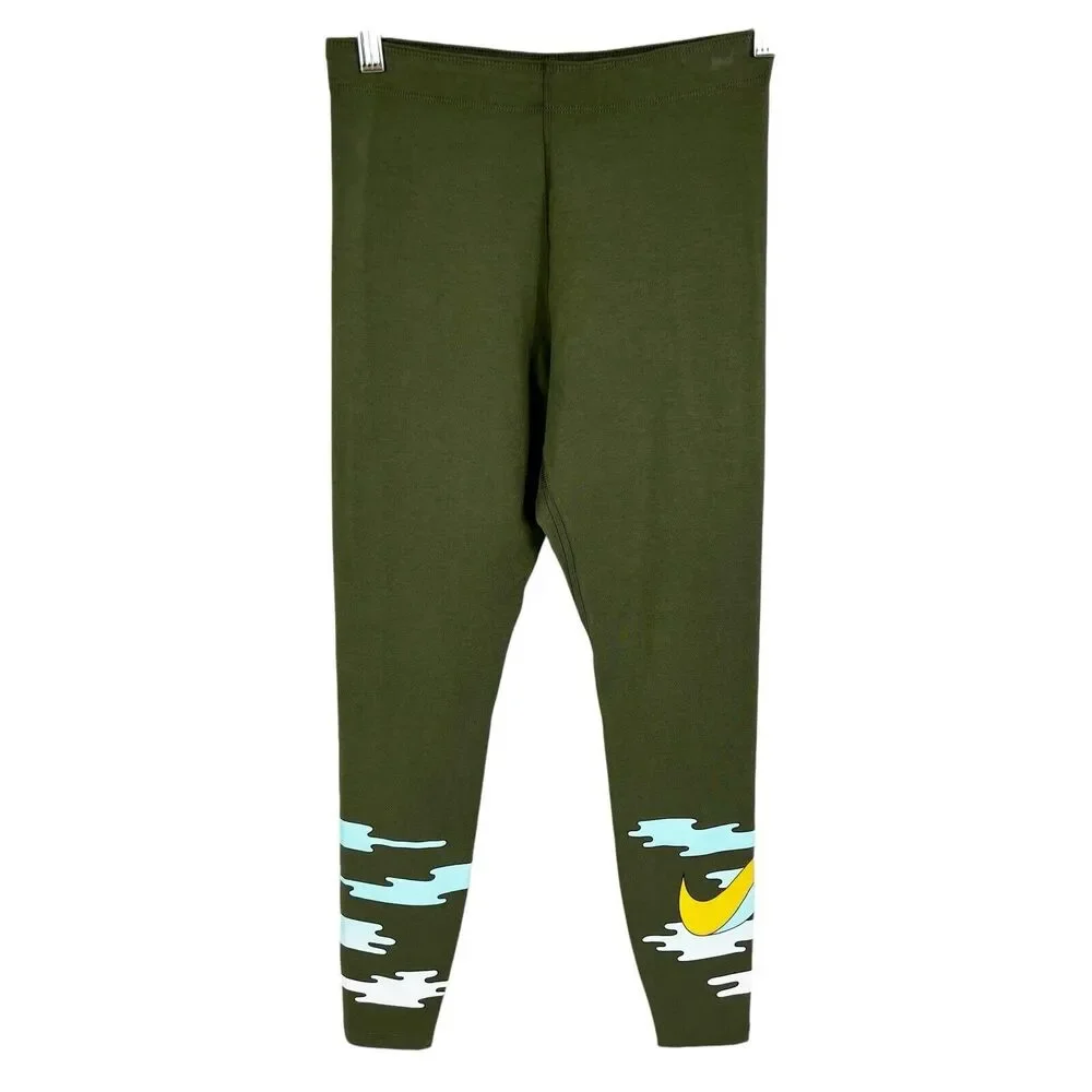 Nike Icon Clash Olive Green Art Swoosh Graphic High Rise Leggings Women’s Small